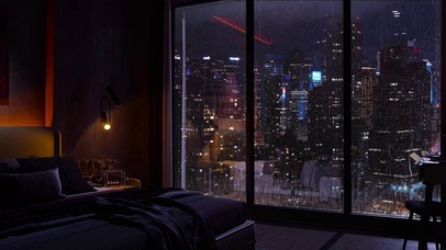 夜晚房间城市大雨