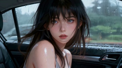 雨天车内湿发少女