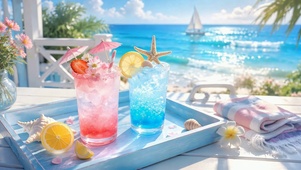 夏日海边清爽冰饮风光
