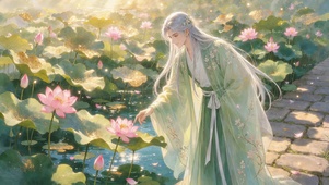 银发古风俊美荷花男子