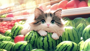 【4K】趴在西瓜上的小猫