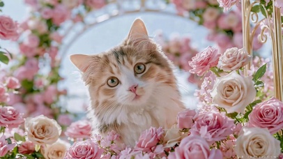 玫瑰丛中的可爱萌猫