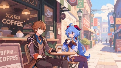 喝咖啡聊工作的像素钟离和甘雨