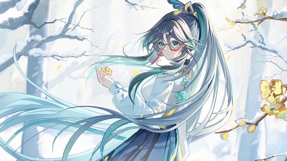 雪林里青蓝长发戴红框眼镜的少女掌心托着金色小花，身旁有覆雪黄花枝。