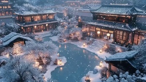 冬季唯美庭院古建池塘