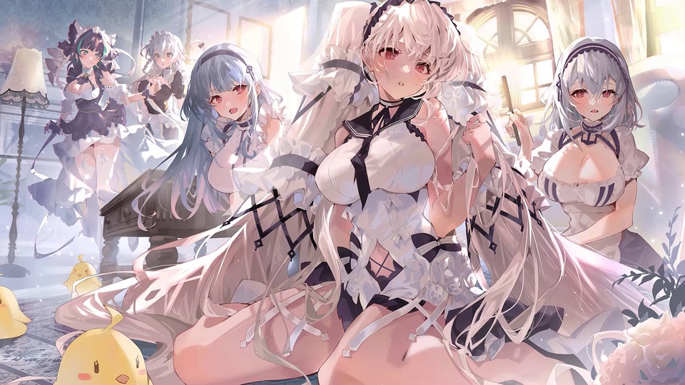 五名女仆装扮少女的日系二次元室内插画