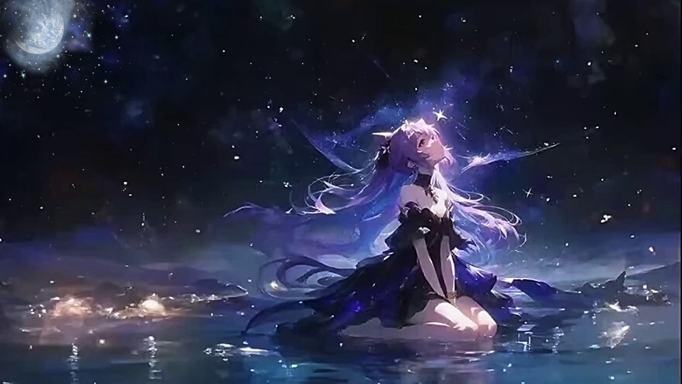 紫长发黑纱少女立于水面，仰头仰望布满繁星的深空，左上角悬着灰白色星球。