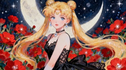 月空下红花美少女插画