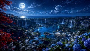 月夜瀑布花海