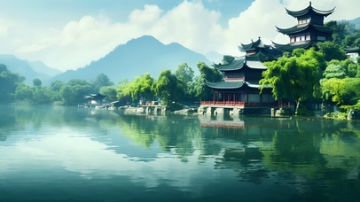 湖边古亭美景