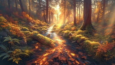 梦幻秋日阳光森林溪流