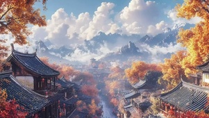 远眺秋日古城清爽风景