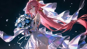 粉发甜美捧花女孩