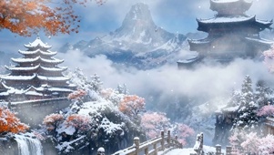 古风樱花树木河流雪景双屏