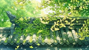 小清新春日房顶银杏