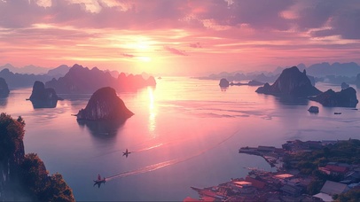 粉色天空海面海岛