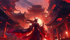 红色汉服古风古建筑