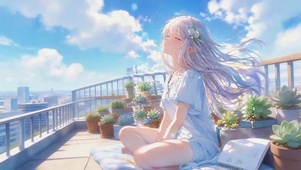天台吹风的女孩