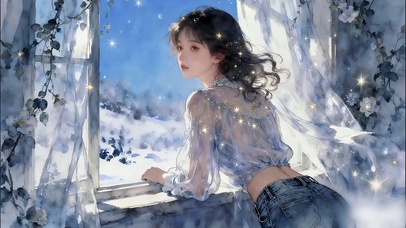 趴窗看雪的少女
