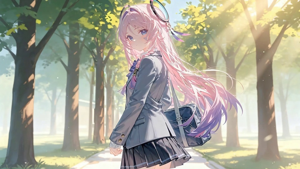 粉紫渐变长发的制服少女站在林间步道上回望，周围绿树成荫。