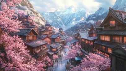 远眺晴天雪山小镇古村