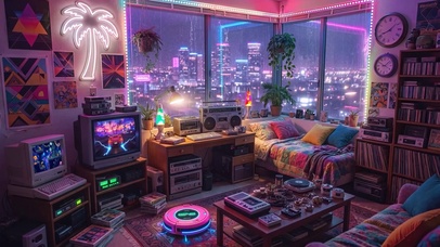 科技霓虹雨夜游戏房间
