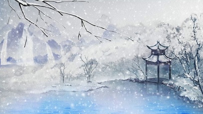 唯美雪景河流枯木古亭水墨画瀑布