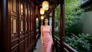 古宅廊道走来的旗袍美女