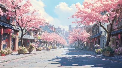 晴天粉色樱花古城街道