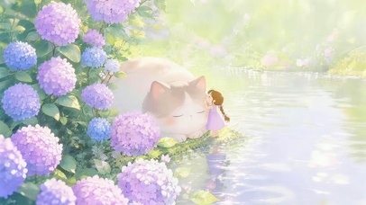 湖边鲜花猫咪