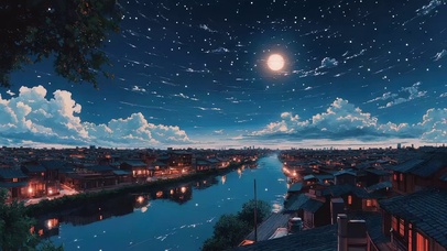 圆月星空晴朗城市溪流