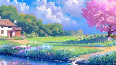 蓝天白云树木河流带鱼屏