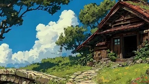 白云树木房屋景色带鱼屏