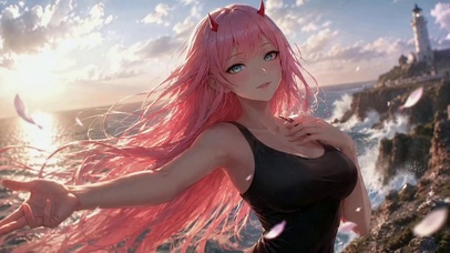 海边粉发少女