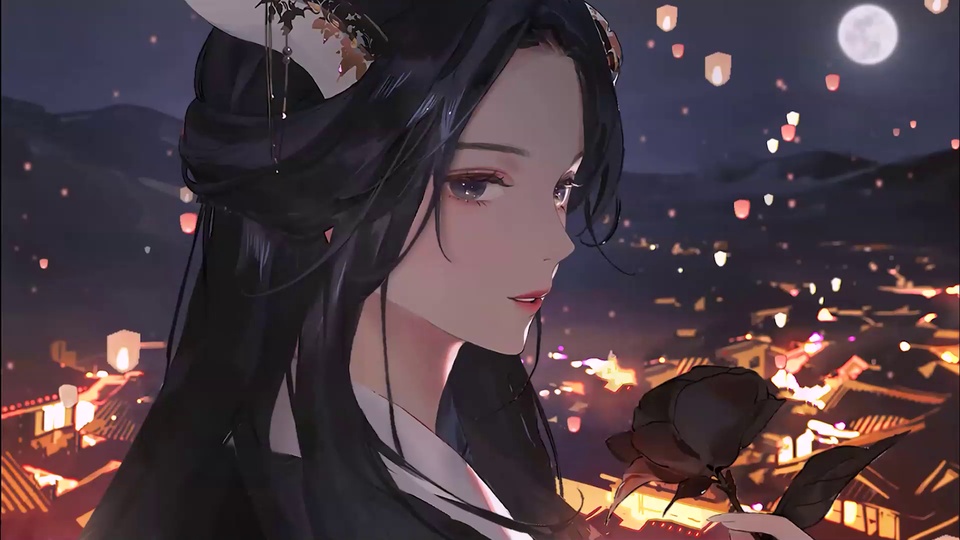 紫调月夜山巅，黑发佩戴中式发饰的古风女子手持黑玫瑰，下方是灯火点亮的古村落，夜空布满升空的孔明灯。