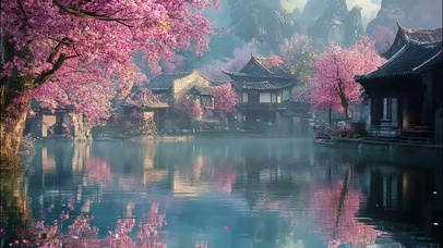 粉樱湖畔山水古城建筑