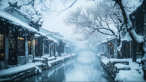 冬日雪花白色古城水乡