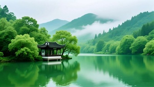 清新山水湖泊亭子