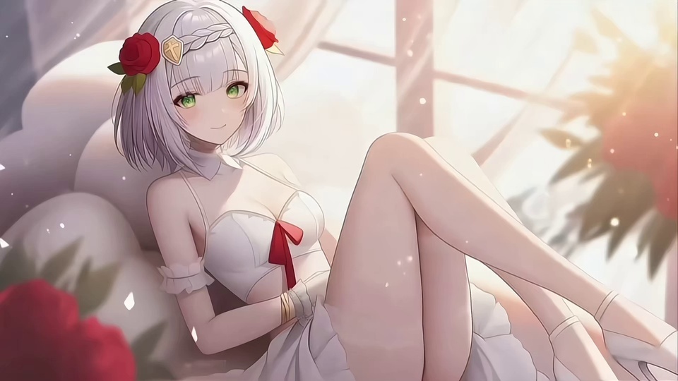 银发绿眼少女坐在暖光室内，发间别着红玫瑰，身着白吊带裙。