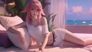 海景卧室粉毛少女