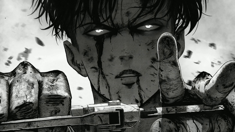 黑白手绘动漫男性持刀特写，面部沾有污渍液痕，双手横握长刀