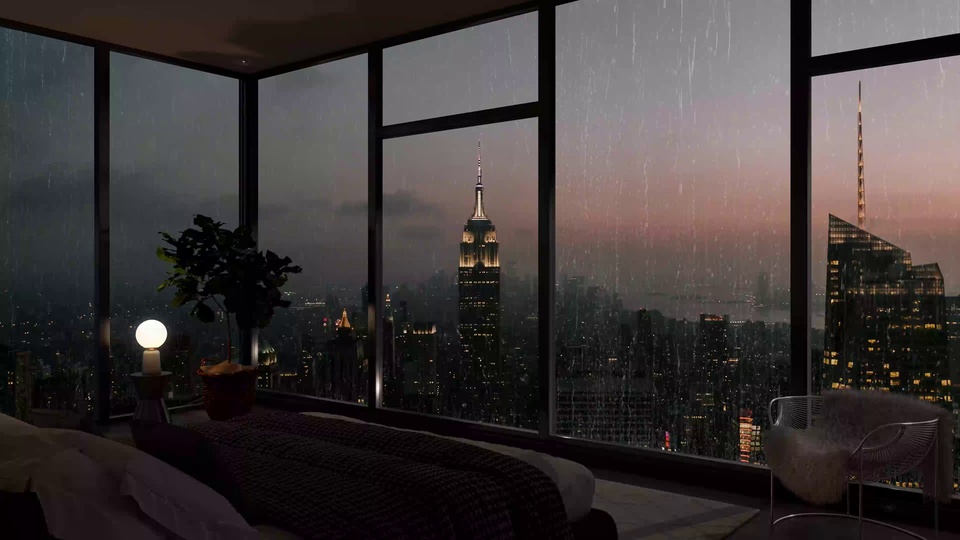 高层公寓卧室内景，落地窗外是雨夜中的城市摩天建筑群