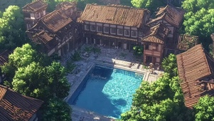 山林古镇绿色夏日池塘