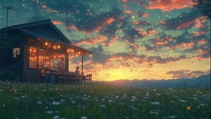 落日草坪花海温馨酒馆