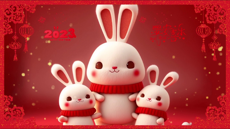三只戴红围巾的毛绒白兔，正红色新春背景搭配剪纸灯笼纹样边框