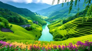 绿色护眼山水花草