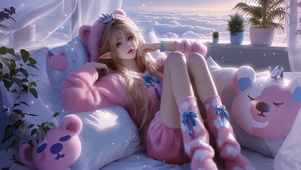 云海窗边的粉熊睡衣少女