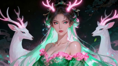 古风双鹿仙女花饰绿裳的奇幻国风