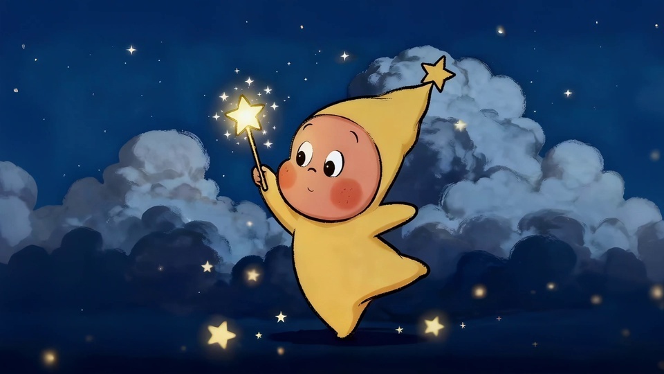 深蓝夜空下，穿黄衣的浅棕圆脸卡通形象持星芒魔法棒站在飘着灰云、散落发光星星的地面上，尖帽顶有黄色五角星，周身点缀发光星点。