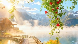 阳光树木房屋河流双屏